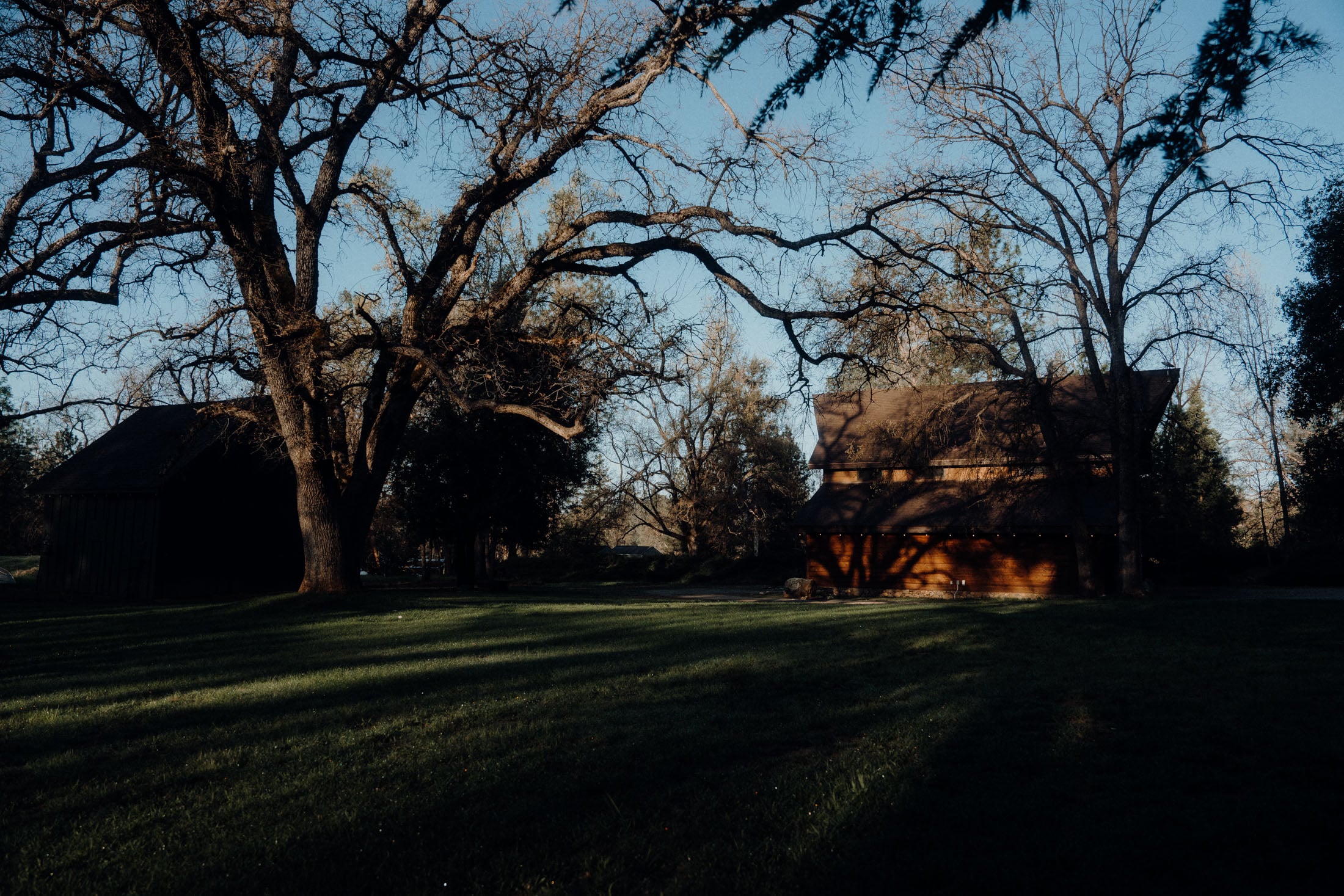 A scenic view of a house surrounded by large trees and grassy landscape during twilight.