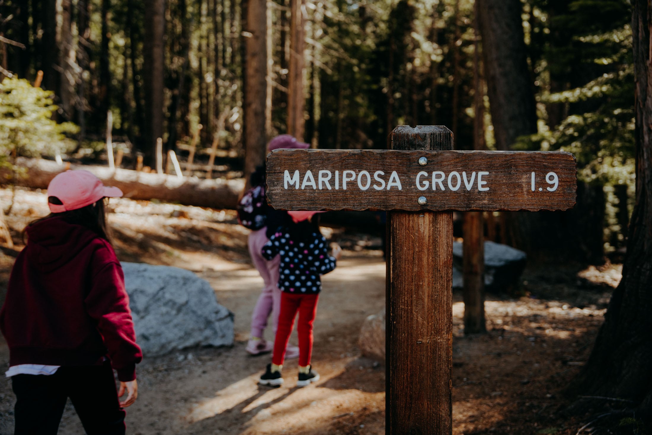 Wooden signpost indicating 'Mariposa Grove 1.9' along a hiking trail, with children walking in the background among trees.