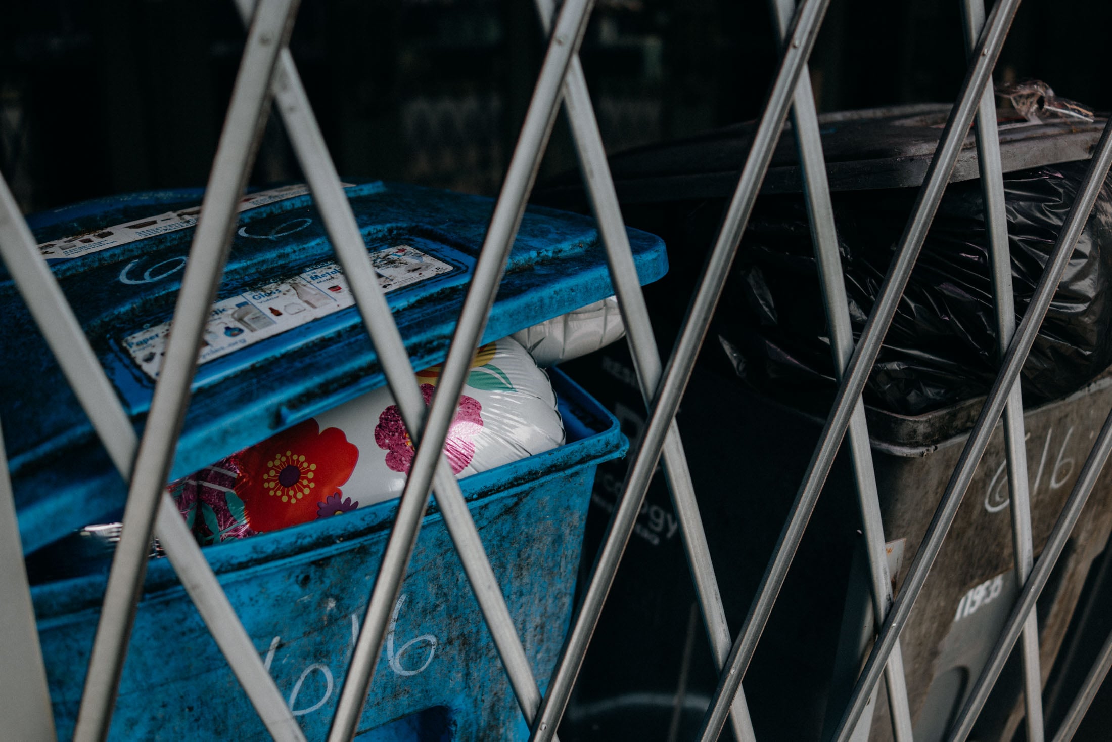 A blue recycling bin with a decorated item partially visible inside is placed behind a fence, next to a black trash bin.