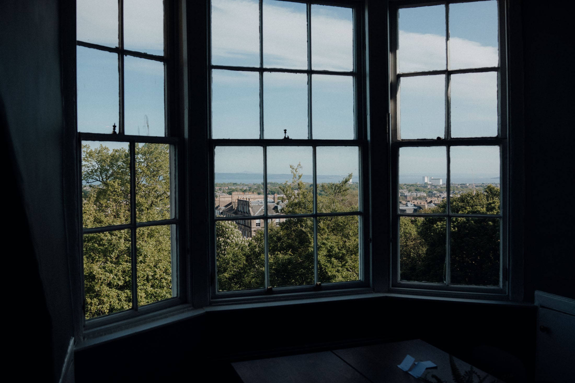 A view from a window showcasing greenery and buildings under a clear blue sky, framed by the window's multiple panes.