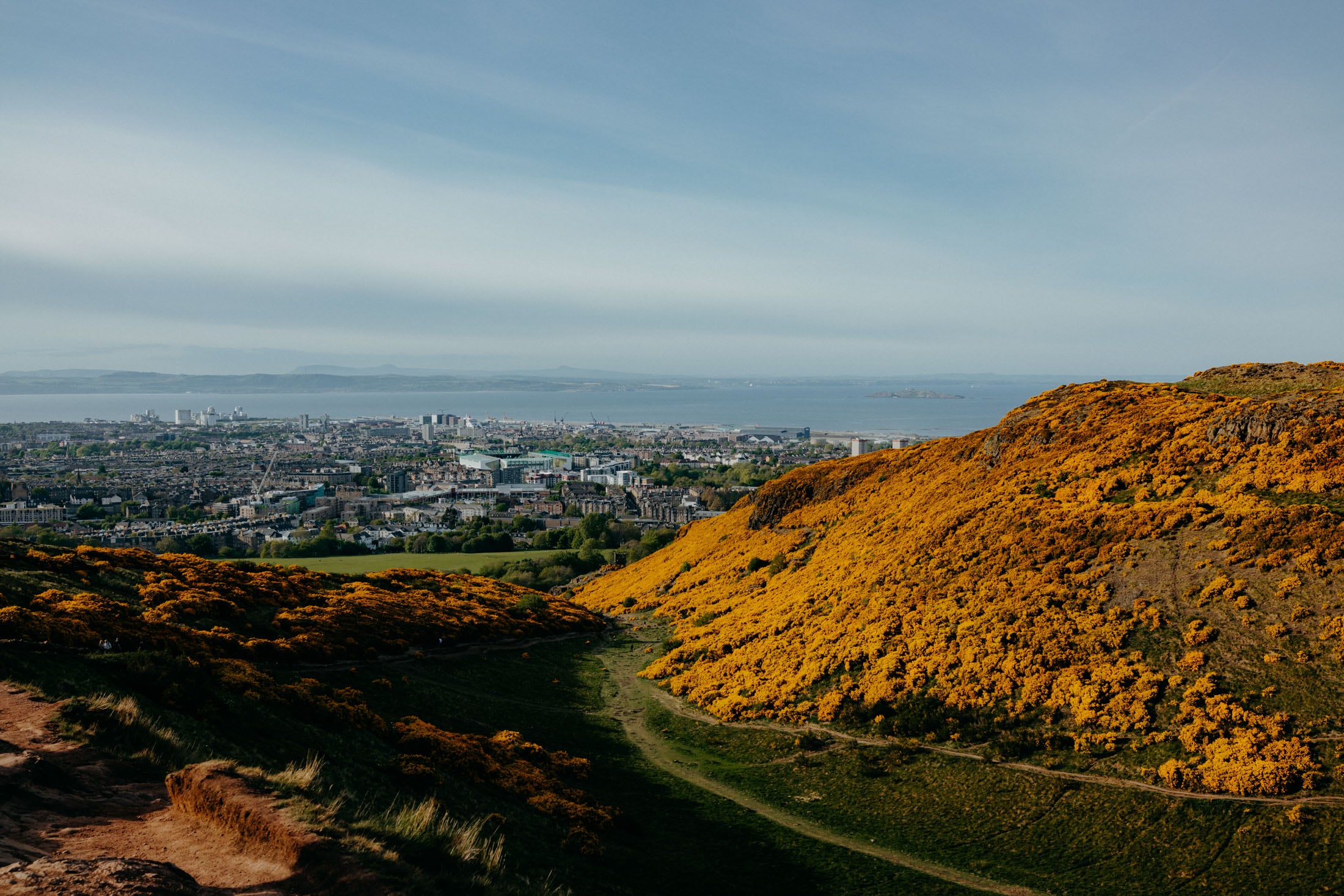 A panoramic view of a cityscape from a hillside, featuring greenery and orange flowers in the foreground, with the sea in the background under a clear sky.