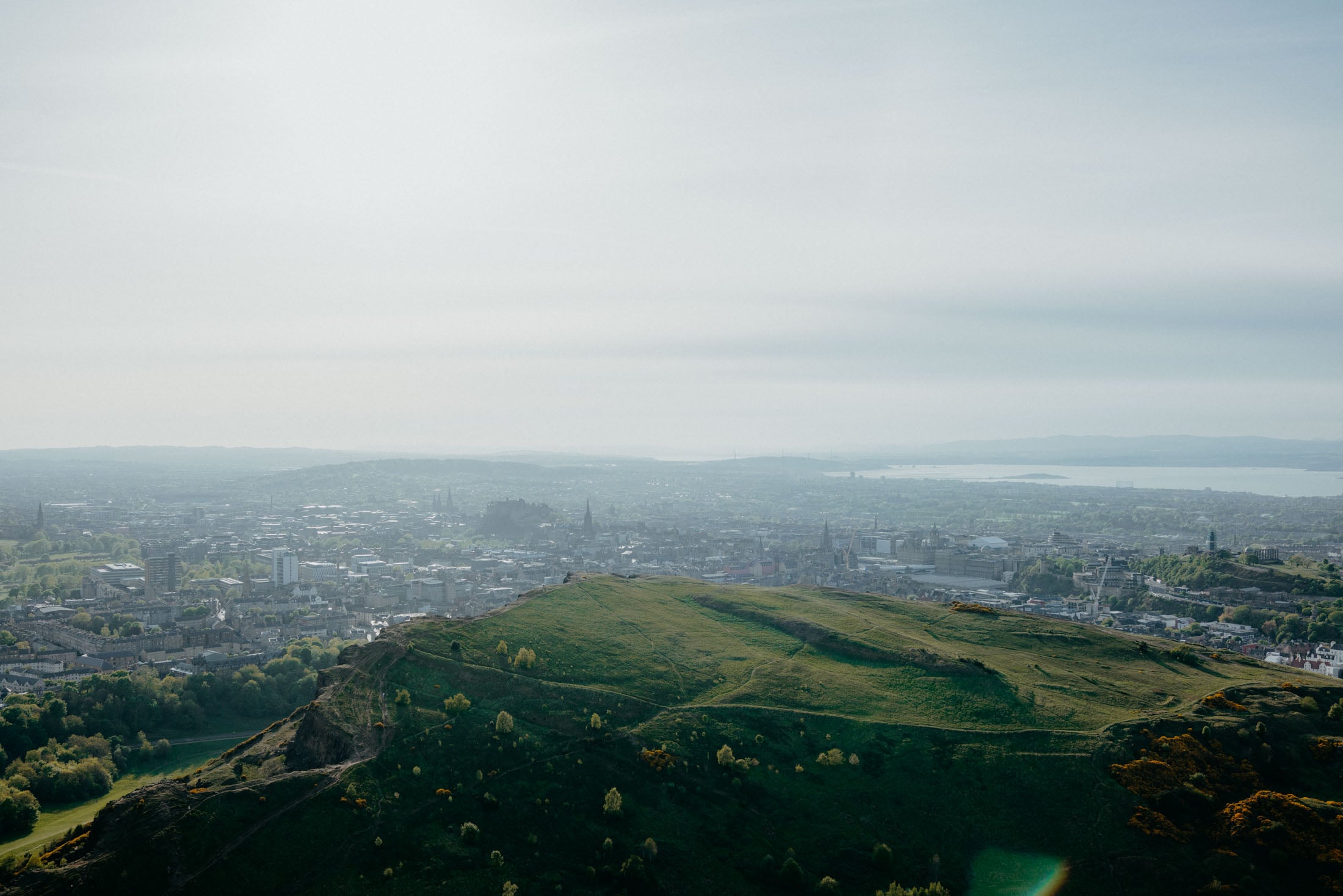 A panoramic view of a green hillside overlooking a cityscape with buildings and distant mountains under a hazy sky.
