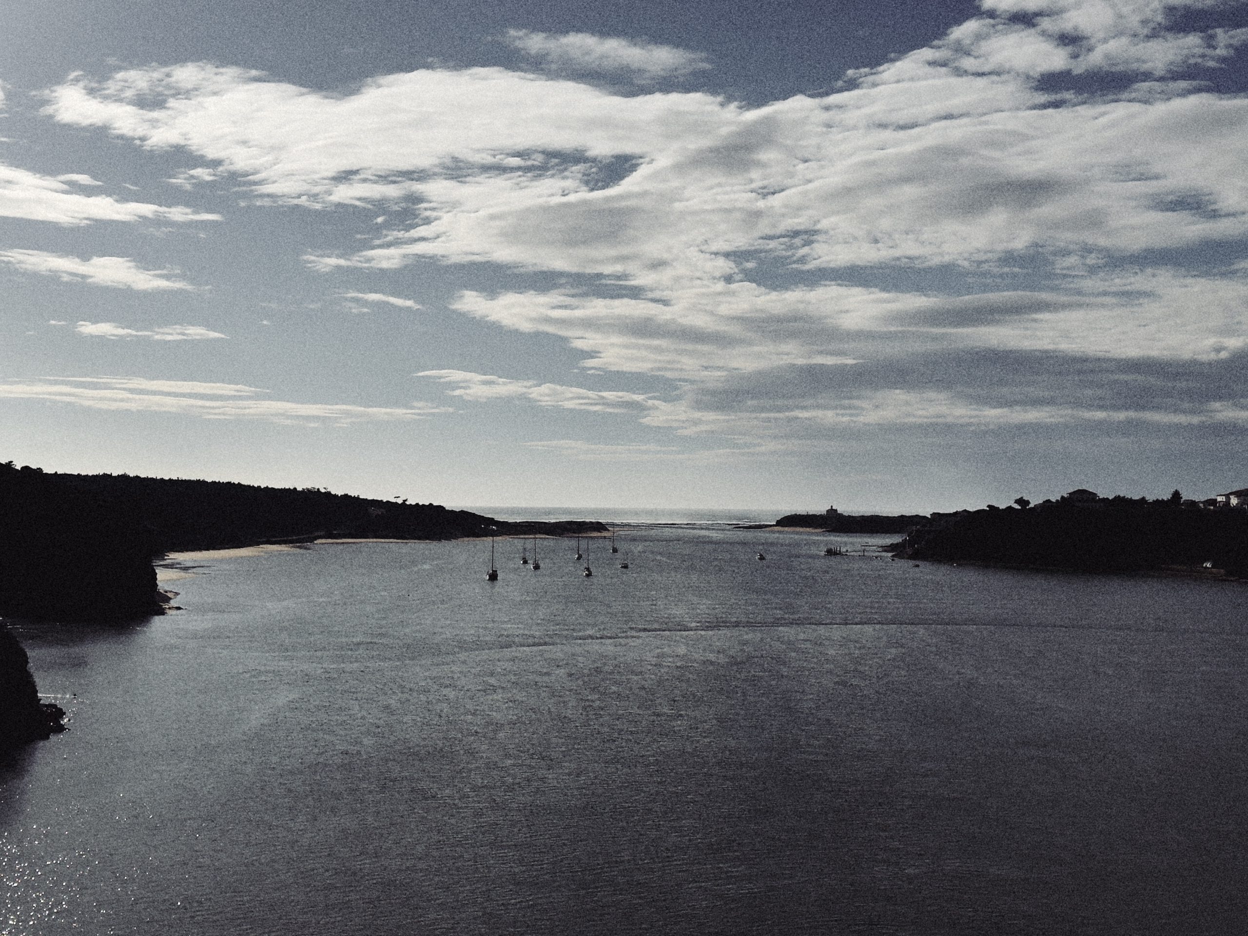 A serene view of a calm body of water bordered by lush greenery and hills, with a cloudy sky above, boats can be seen floating on the water.